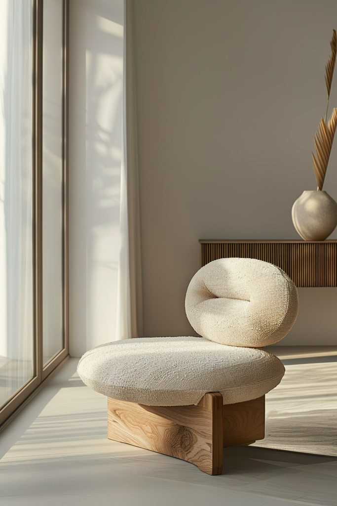 Modern textured chair with wooden base in a sunlit room, near a window with sheer curtains and a decorative vase with dried foliage.