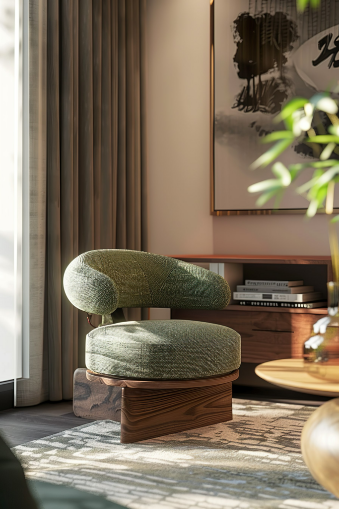 A cozy corner with a textured green chair and wooden footstool, next to curtains and a framed abstract artwork.