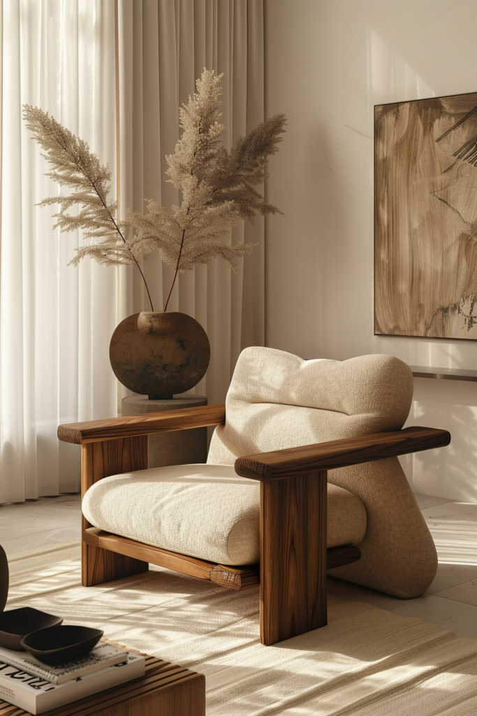 ALT: Modern minimalist interior with a cozy beige armchair, wooden side table, abstract art piece, ceramic vase with dried plants, and sheer curtains.