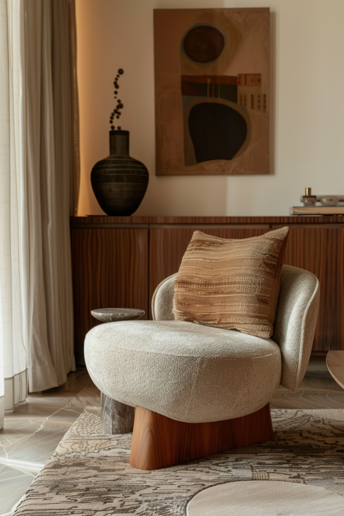Cozy modern living room detail with an elegant beige armchair, textured pillow, side table, and abstract wall art.