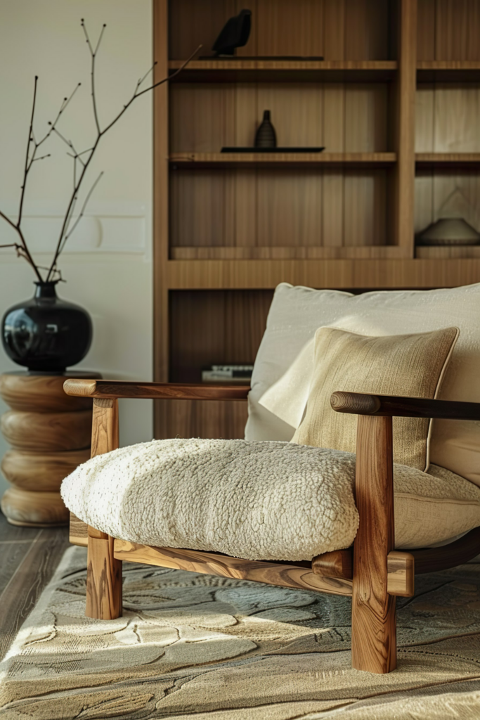 A cozy living room corner featuring a textured cushion on a wooden armchair, with a bookshelf and decorative vase in the background.