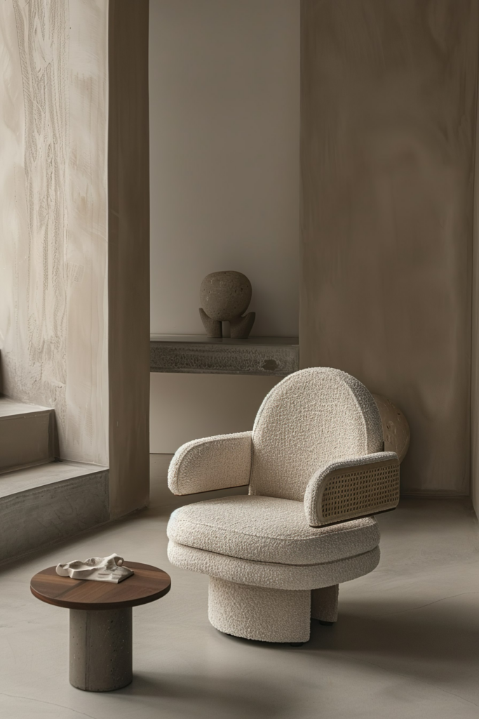 ALT: A textured cozy armchair and a small round coffee table in a minimalist room with soft lighting and neutral tones.
