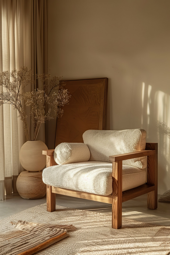 Cozy corner with a wooden armchair and cushion, vase with dried flowers, and a sunlit wall with shadows.