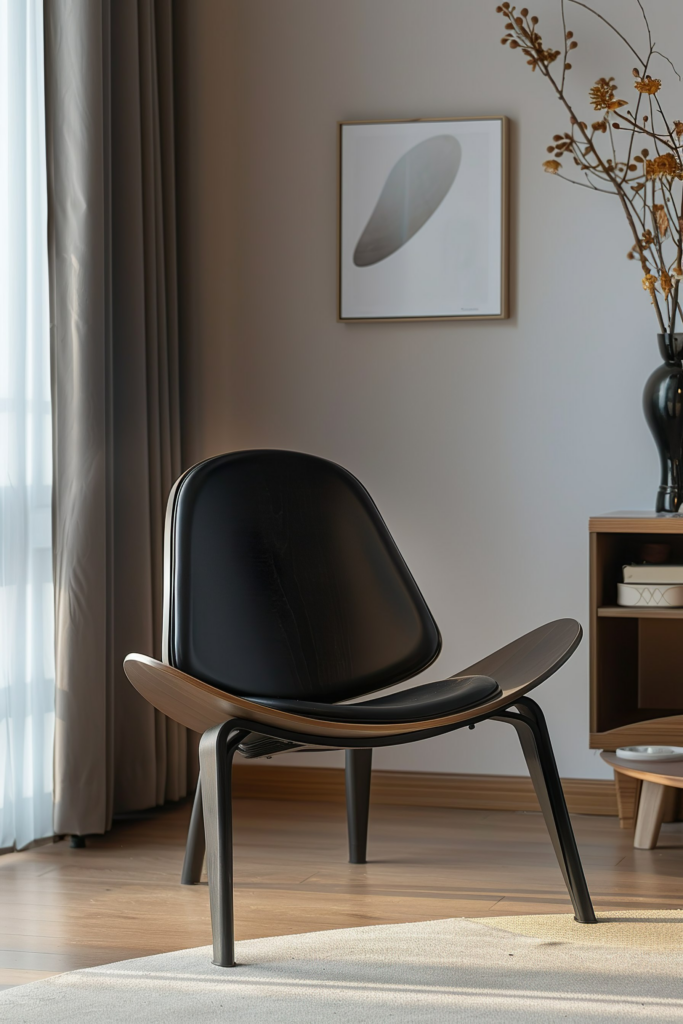 Modern black chair in a stylish room with a framed abstract art piece, vase with dried flowers, and soft natural light.