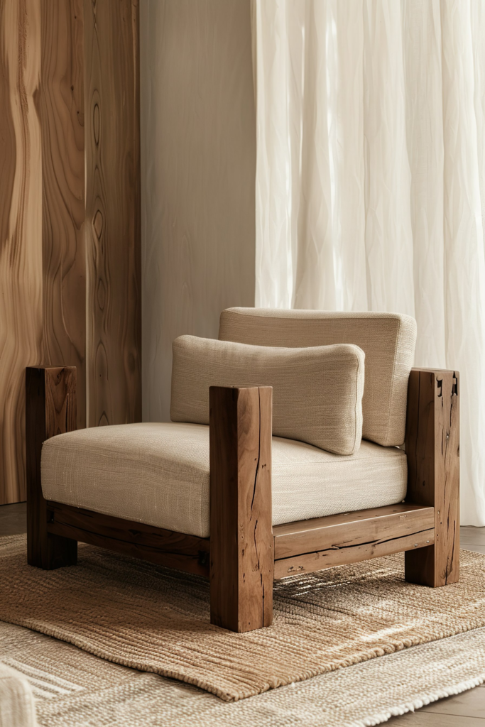 A cozy armchair with wooden frame and beige cushions in a warmly lit room with sheer curtains and a textured rug.