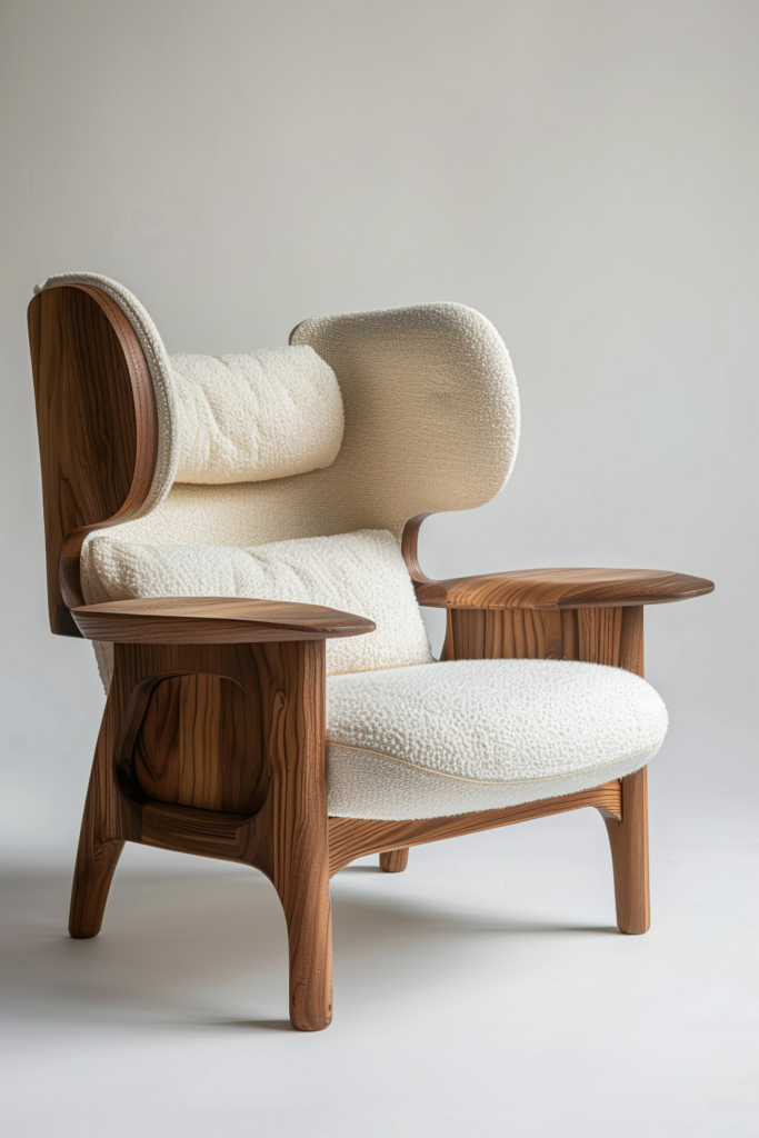 Modern wooden armchair with cream-colored bouclé upholstery, set against a plain white background.