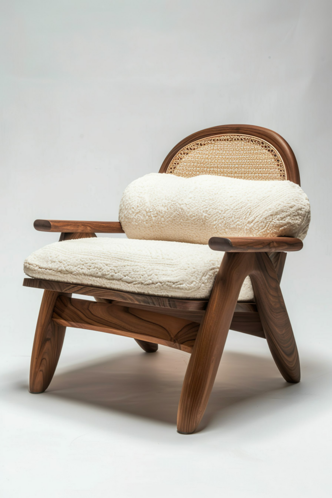Modern wooden armchair with cream-colored sheepskin upholstery on a light background.
