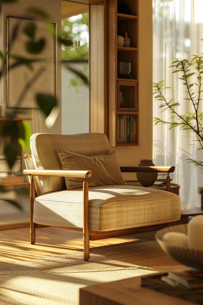 Alt text: Comfortable armchair bathed in natural sunlight in a cozy room with a bookcase and green plants, evoking a peaceful ambiance.