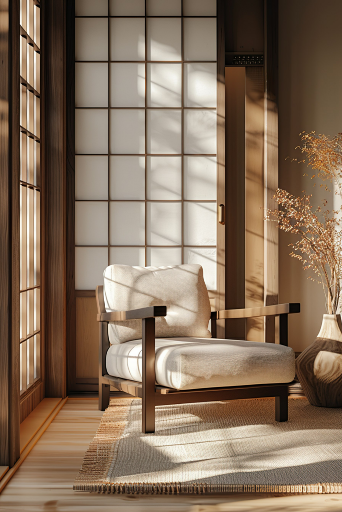 Cozy corner with an armchair and a vase beside a shoji screen, sun casting warm shadows in a tranquil room.