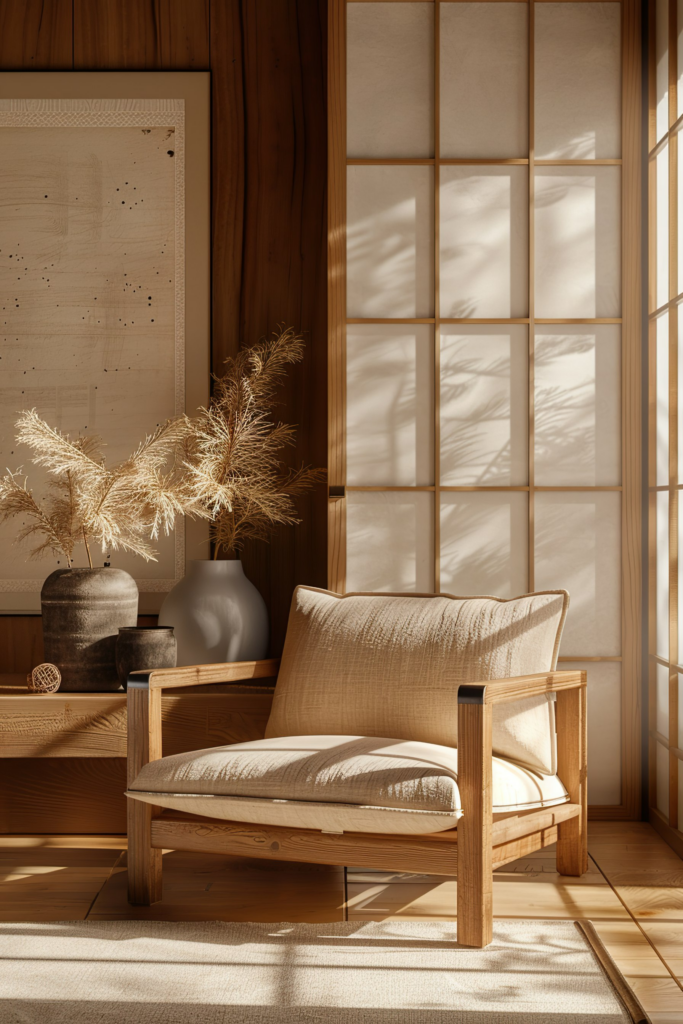 A cozy corner with a wooden armchair, cushions, potted pampas grass, and a shadow pattern from the window adding warmth to the room.