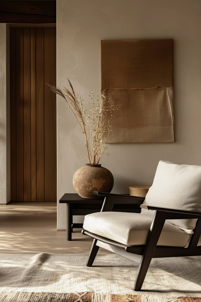 A cozy room corner with a modern armchair, rustic vase with dried plants, artwork, and warm sunlight filtering through.