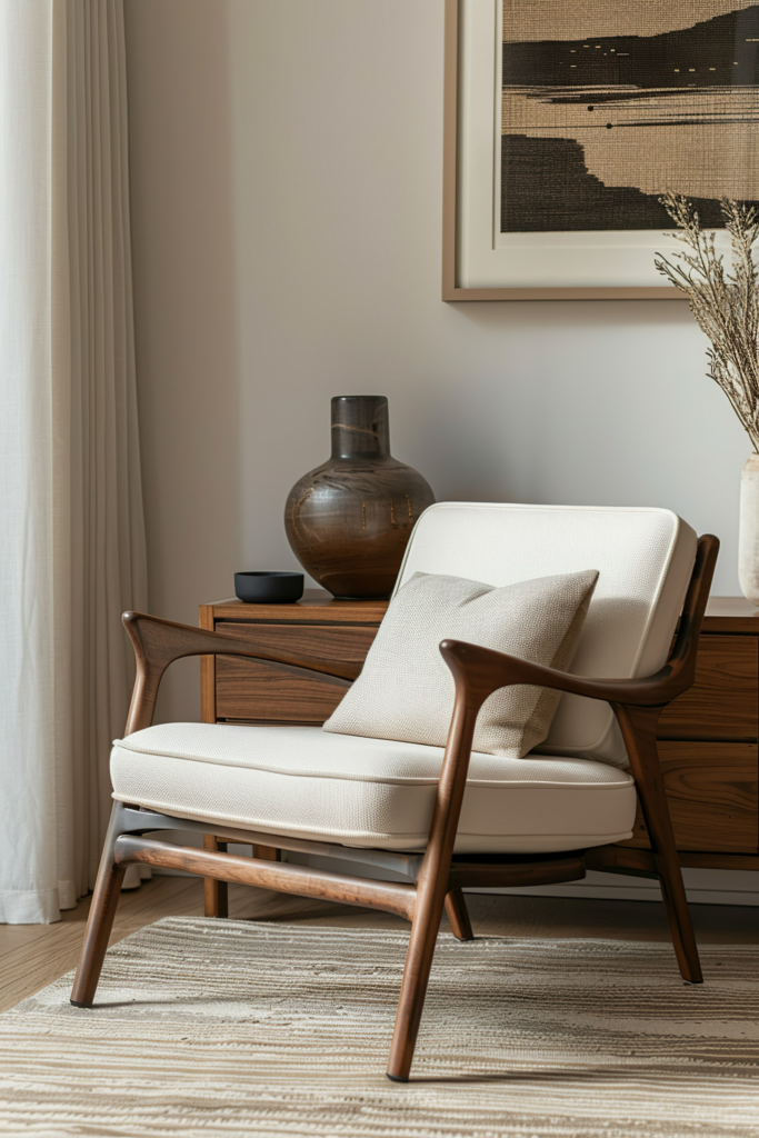 A modern living room corner with a stylish wooden armchair, striped rug, and decorative vase on a side table, beside a framed abstract artwork.