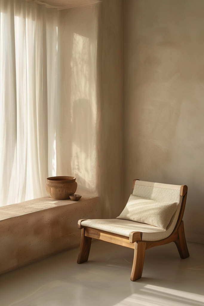 A minimalist room with soft sunlight filtering through sheer curtains, highlighting a wooden lounge chair and a clay bowl on a bench.