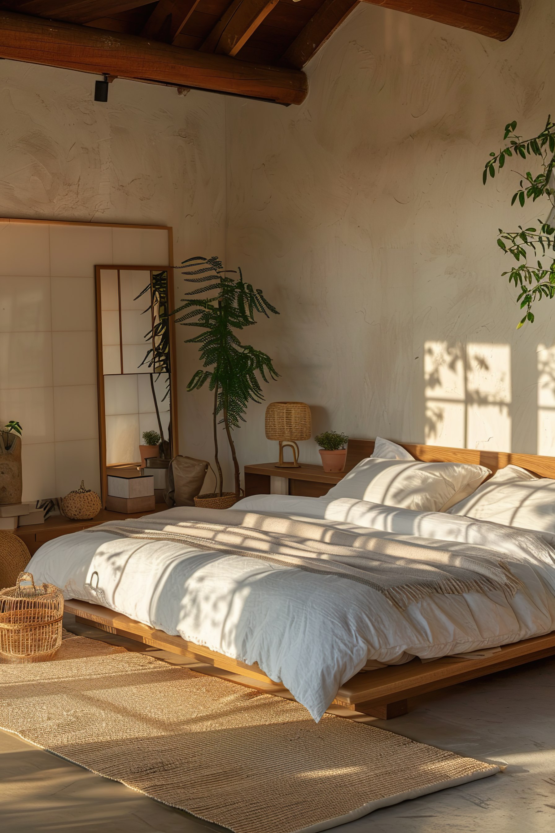 Sunlit cozy bedroom with a wooden bed, white bedding, plants, woven decor, and a warm, inviting atmosphere.