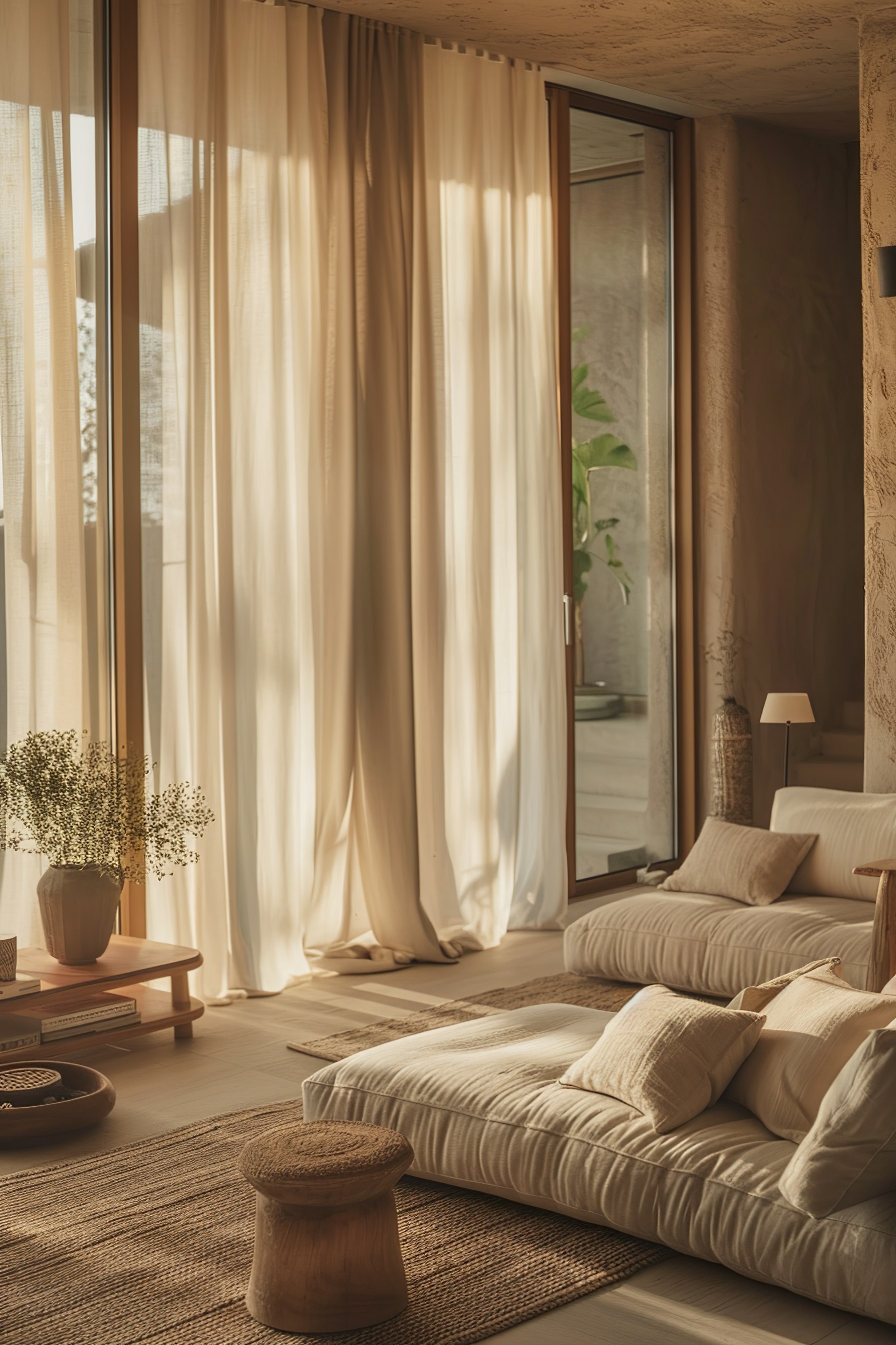 Warm sunlight filters through sheer curtains in a cozy, natural-toned room with comfortable seating and greenery.