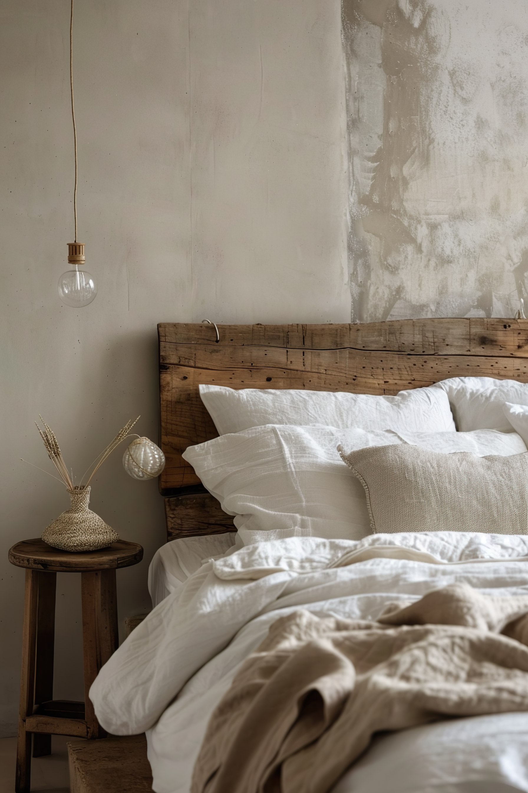 A rustic bedroom setting with an exposed bulb hanging above, a wooden headboard, white linens, and a vase with dried plants on a stool.