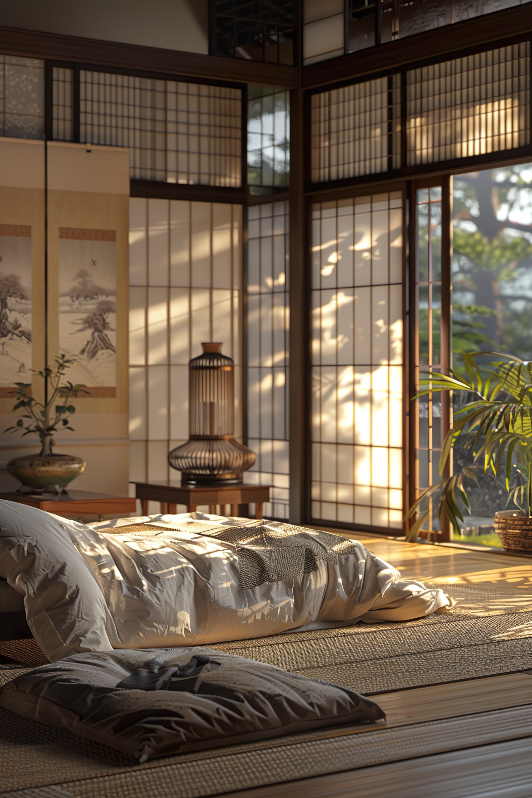 Traditional Japanese room with tatami mats, shoji doors, futon bedding, and soft sunlight through the windows.