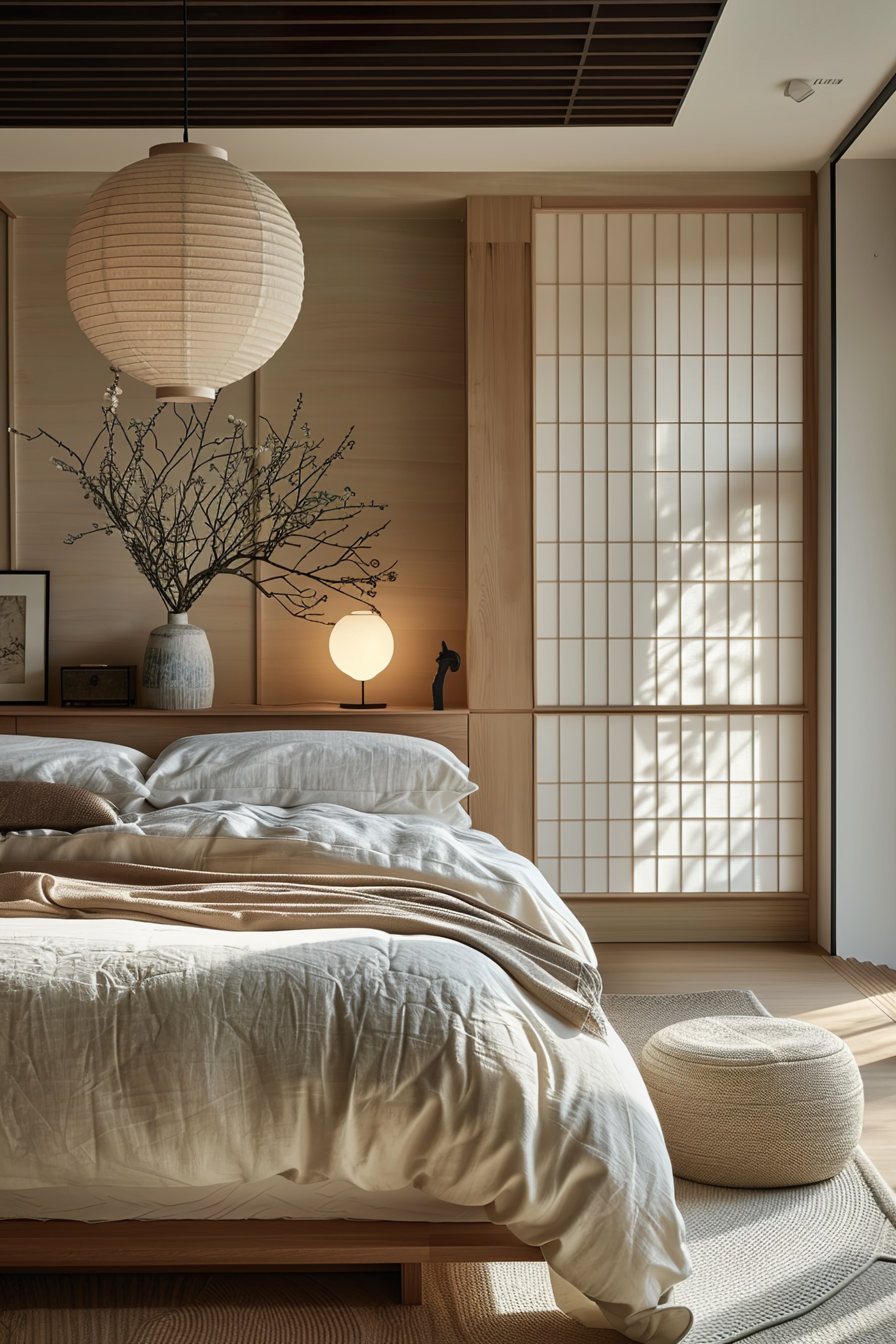 Cozy bedroom with a soft bed, paper lantern, wooden sliding door, and sunlight filtering through, creating a tranquil atmosphere.