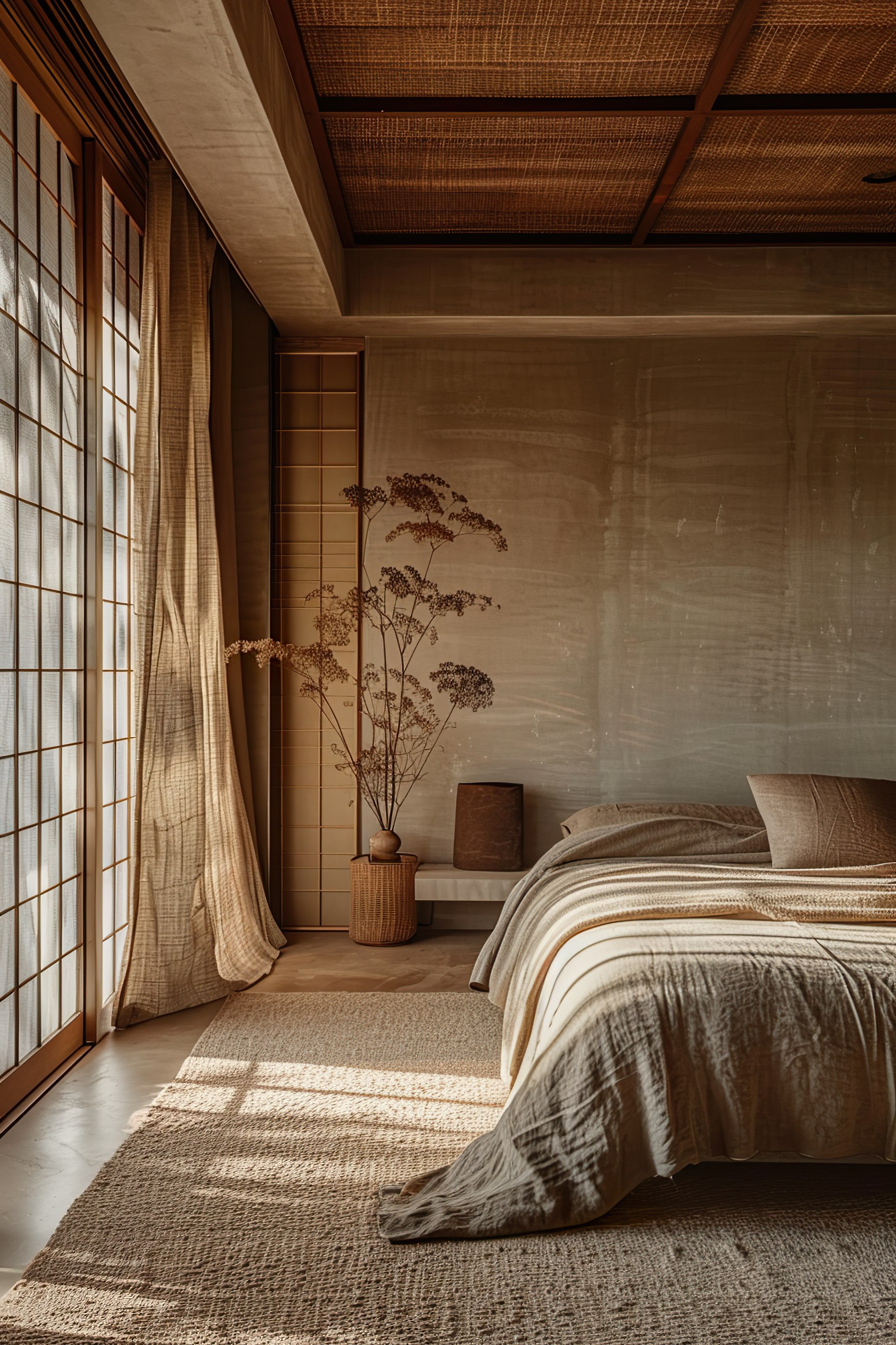 A serene bedroom with tatami mat flooring, shoji screen doors, a low bed with neutral linens, and a dried plant arrangement in sunlight.