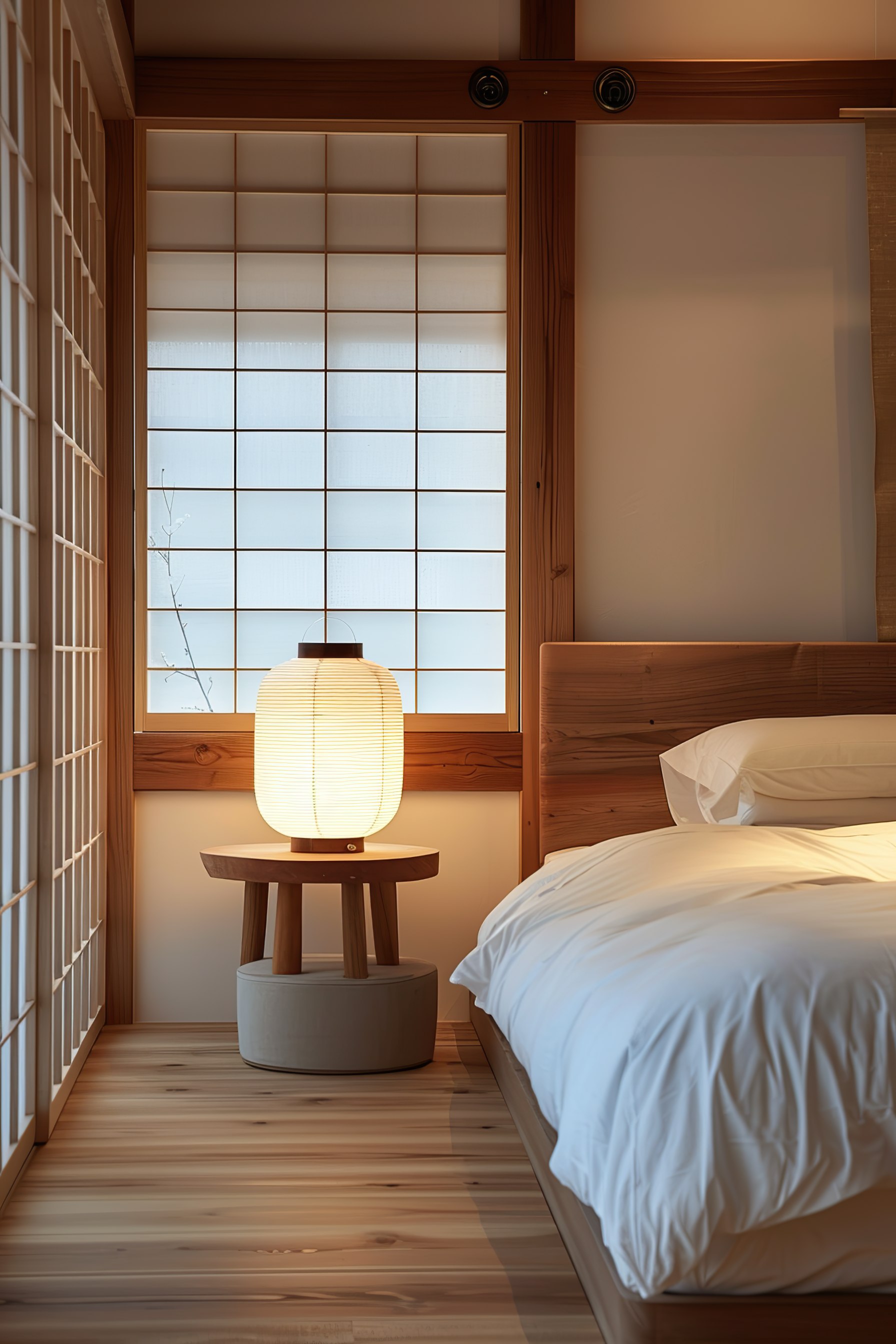 ALT: A cozy traditional Japanese style bedroom with shoji screen, tatami floor, wooden bedside table, and a glowing paper lantern.
