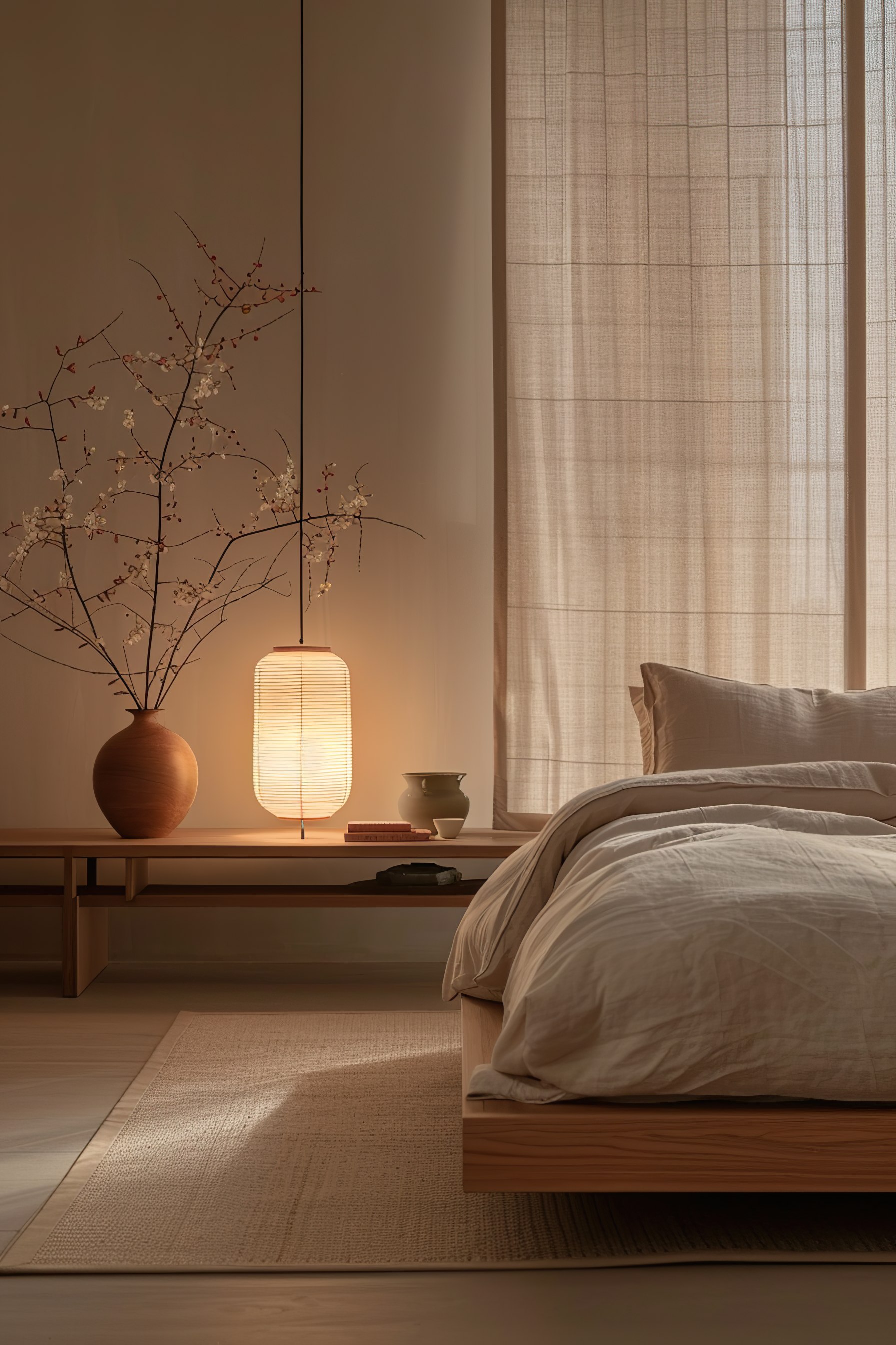 Cozy bedroom interior with beige linen bedding, wooden platform bed, table with lamp and vase, soft lighting, and flowing curtains.