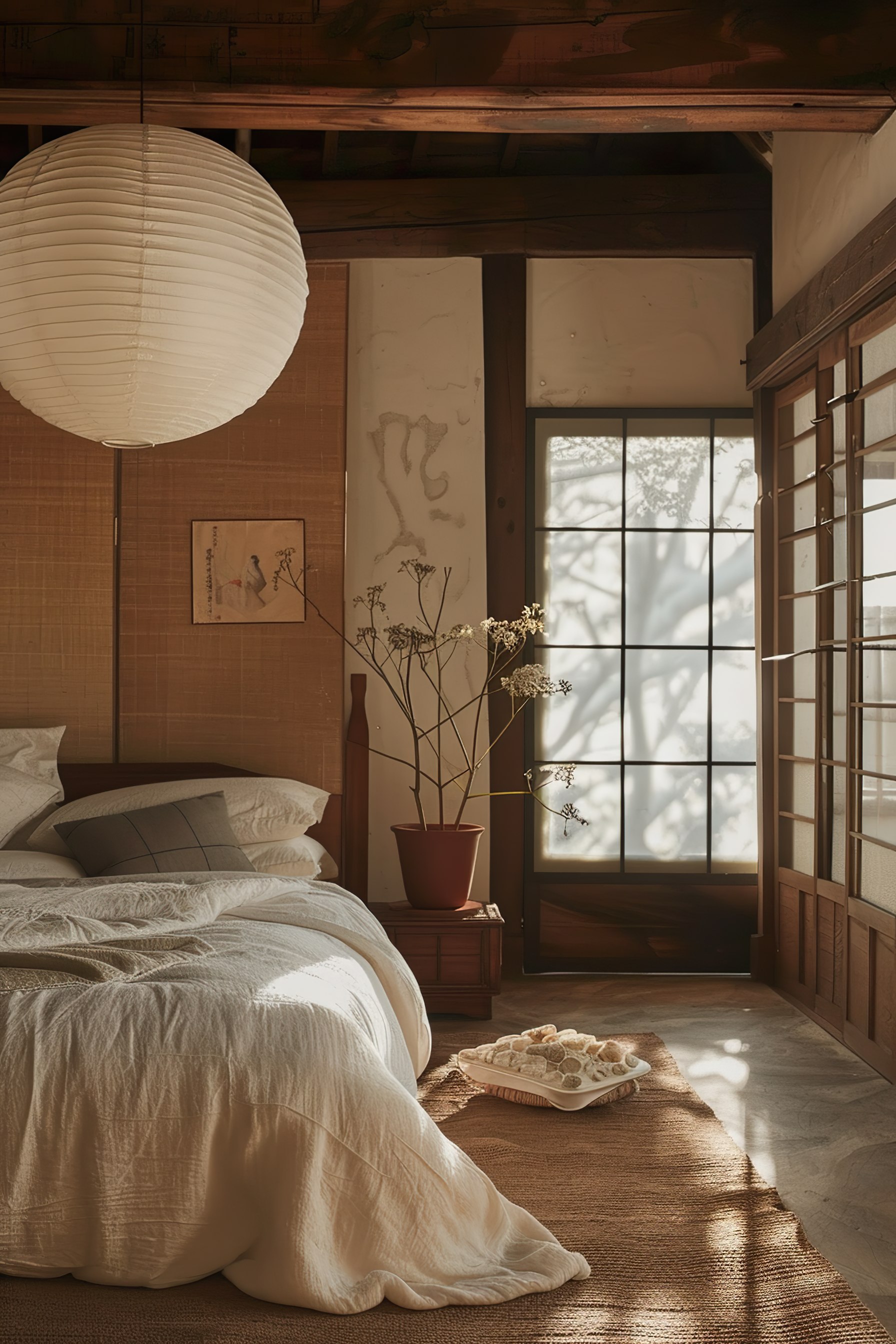 A cozy bedroom featuring tatami flooring, shoji doors, a warm-toned bedspread, hanging paper lantern, and a potted plant by the window.