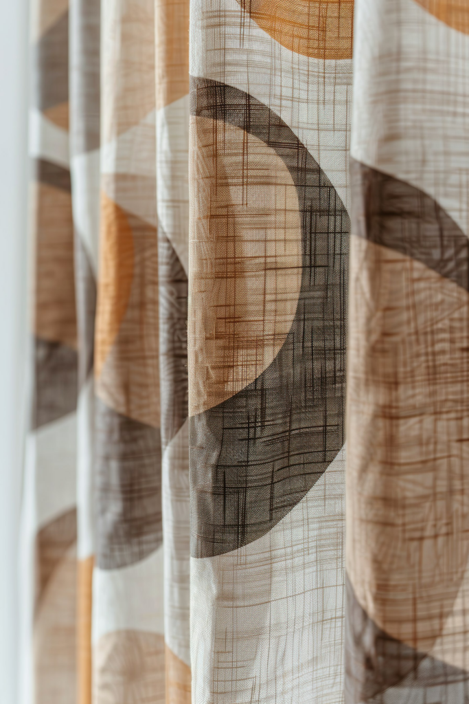 Sheer curtains with geometric patterns partially obscuring a bright window.