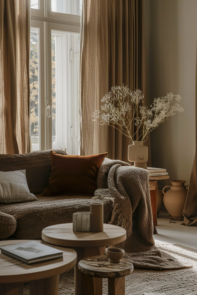 Cozy living room interior with earth tones, comfortable furniture, dried flowers, and natural light from window.
