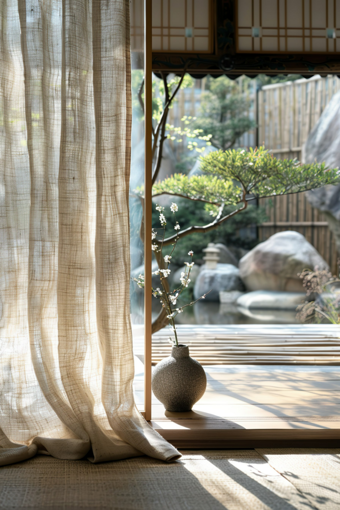ALT: A serene room with tatami flooring and sheer curtains revealing a traditional Japanese garden and a vase with cherry blossoms on the ledge.