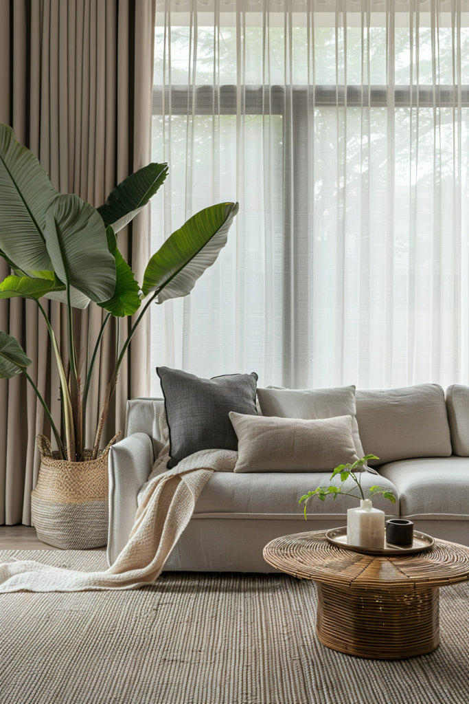 A cozy living room corner with beige sofa, decorative pillows, a woven basket with lush green plants, and a round coffee table with candles.