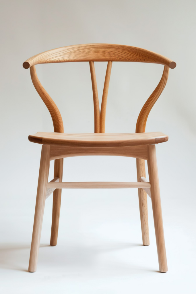 A modern wooden chair with a curved backrest and angled legs on a white background.