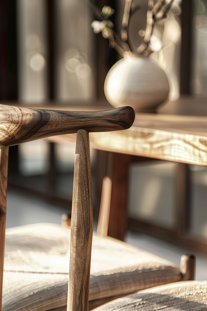Close-up of a wooden chair's armrest and seat with soft sunlight filtering through, a blurred vase and branches in the background.