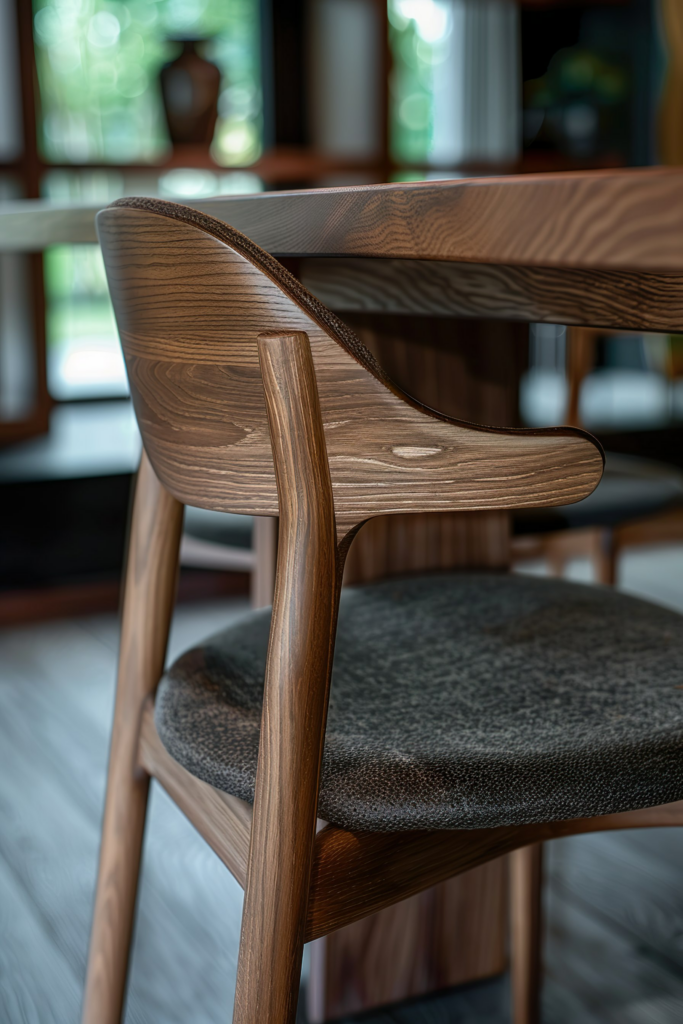 Close-up of a modern wooden chair with a fabric seat, beside a wooden table, indoor setting with soft lighting.