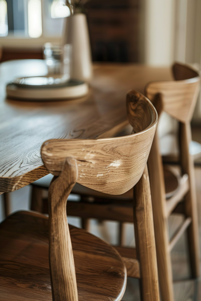 ALT: A close-up of a stylish wooden dining chair with a matching table set with plates and a vase in a warmly lit room.