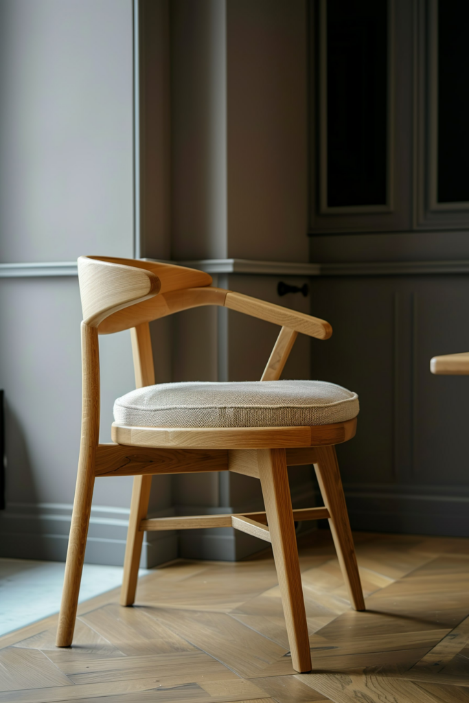 A modern wooden chair with a fabric cushion, set against a dark gray cabinet and herringbone parquet floor.