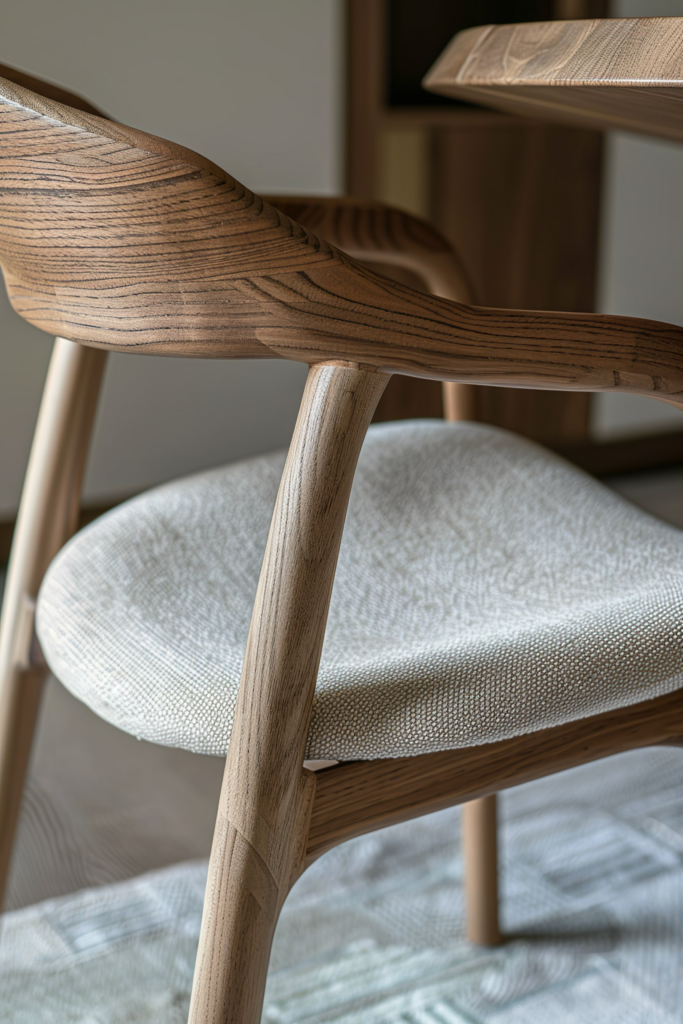 Close-up of a modern wooden chair with textured upholstered seat, focusing on the wood grain and craftsmanship.
