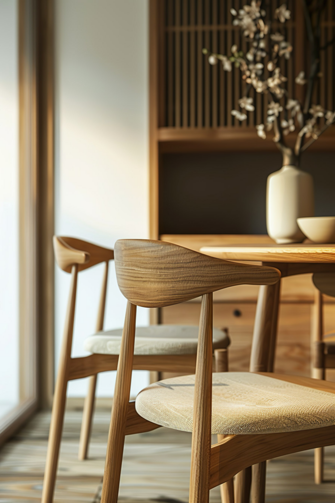 Modern wooden dining chairs and table in a sunlit room with a vase and branches on a shelf in the background.
