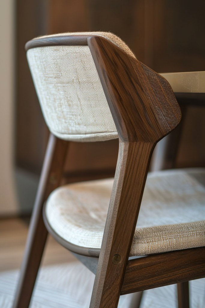 Close-up of a modern wooden chair with a woven cream fabric seat and backrest, showcasing elegant design details.