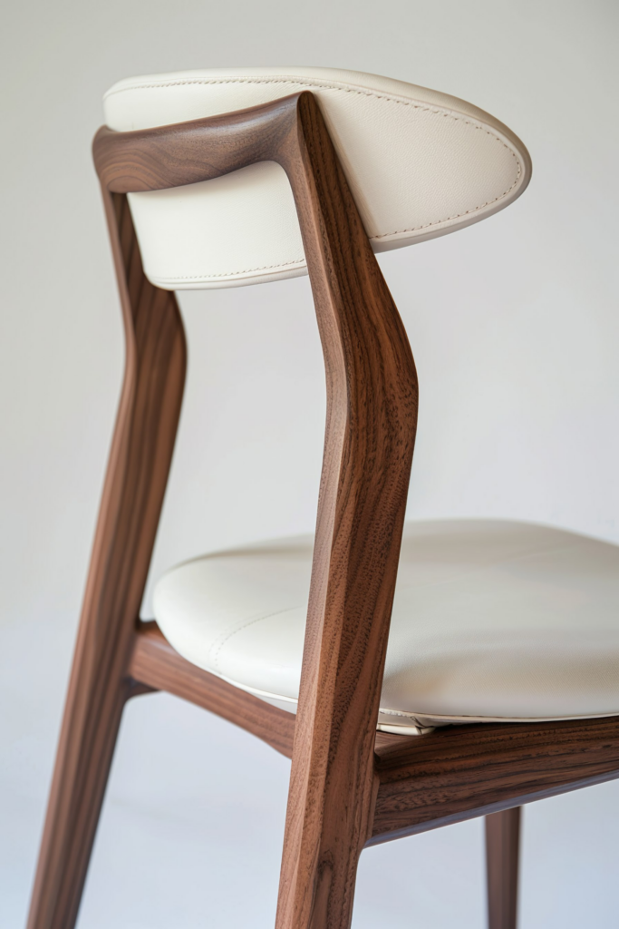Elegant modern wooden chair with a cream-colored padded seat and backrest, set against a plain background.