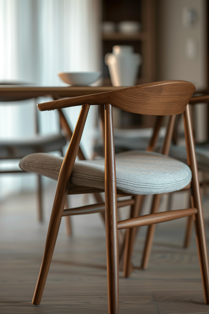 Modern wooden chair with textured cushion in a warm, softly lit interior with blurred dishes and vase on table in background.
