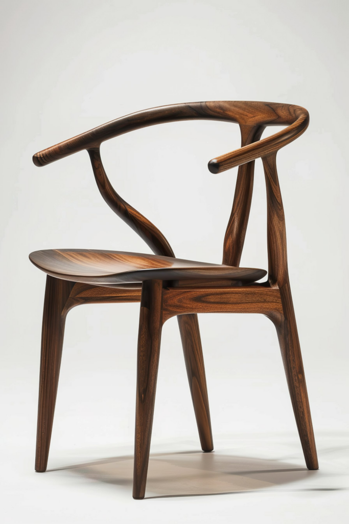 A modern wooden chair with artistic curves and a smooth finish against a light background.