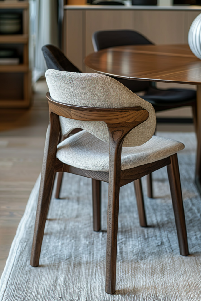 Elegant modern chair with wooden frame and beige upholstery in a dining room setting, with another chair and table in the background.