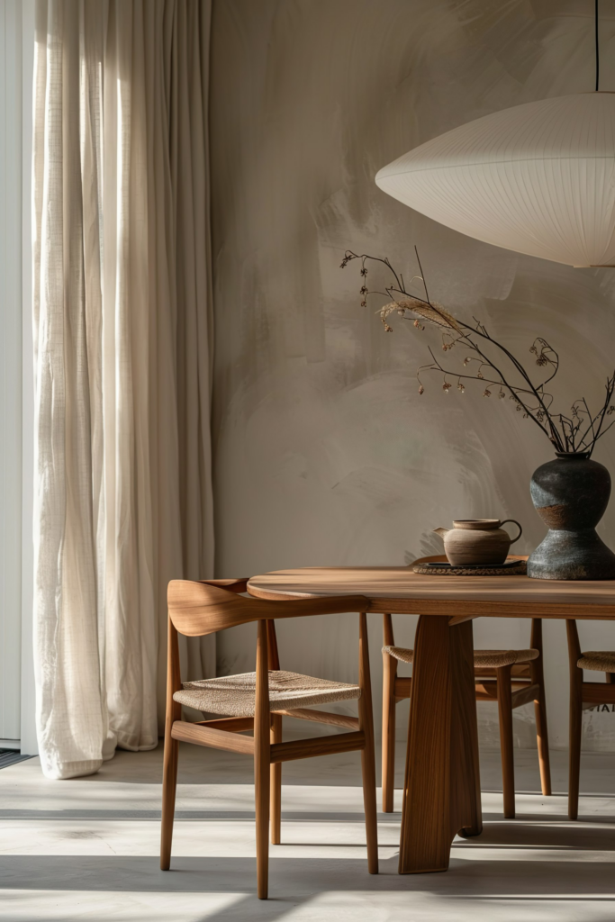 Minimalist dining room with wooden table, chairs, vase with dried flowers, and a paper pendant light.