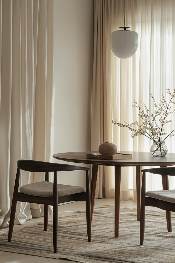 Modern dining room with a round wooden table, mid-century chairs, pendant lamp, and sheer curtains filtering sunlight.
