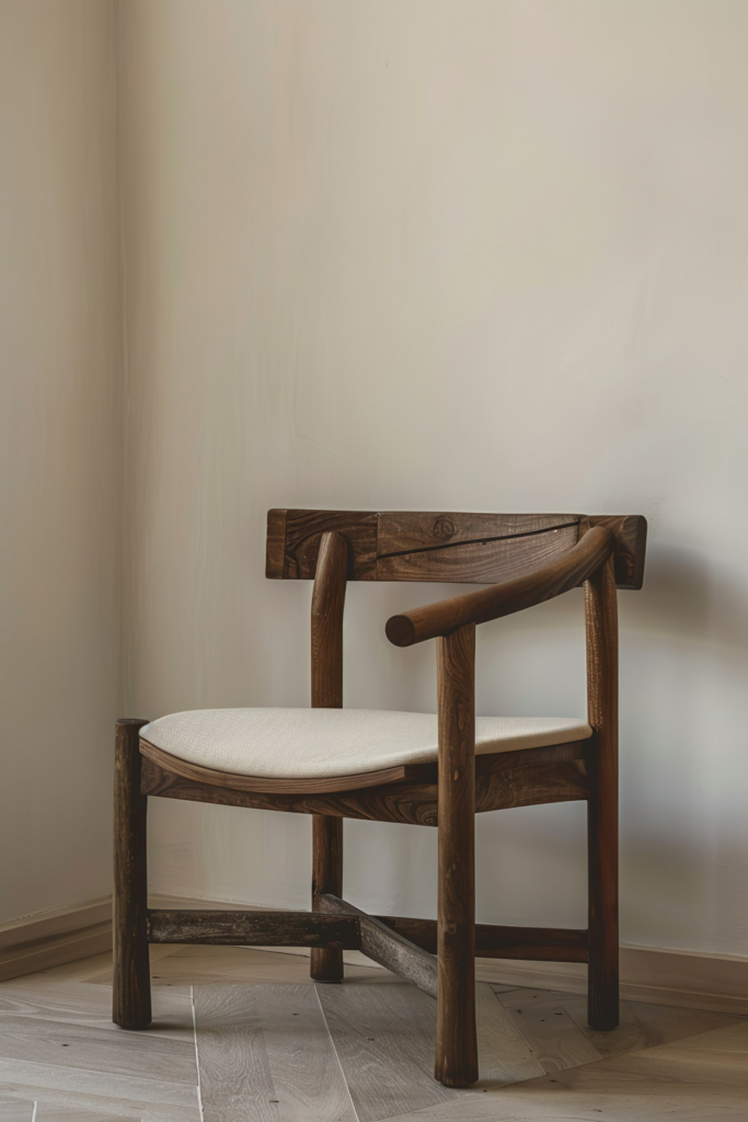 A solitary dark wooden chair with a cushioned seat positioned against a blank wall, on a light wooden floor.