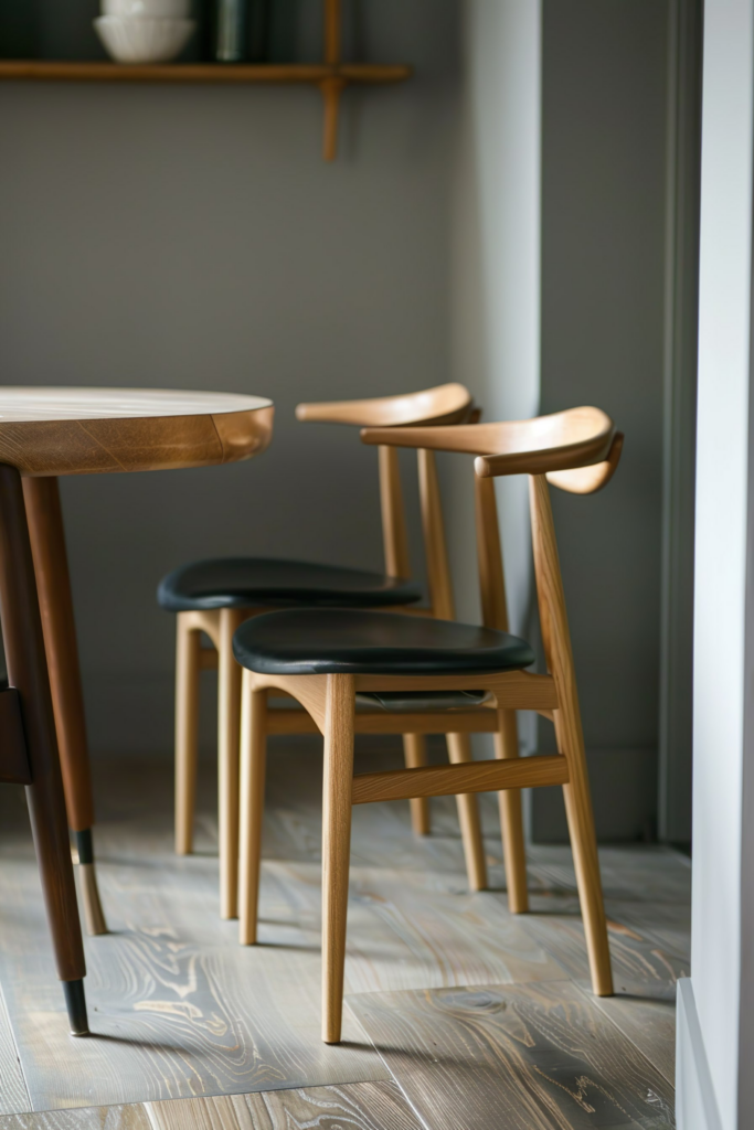 A modern wooden table with matching chairs on a herringbone-patterned floor in a minimalistic interior.