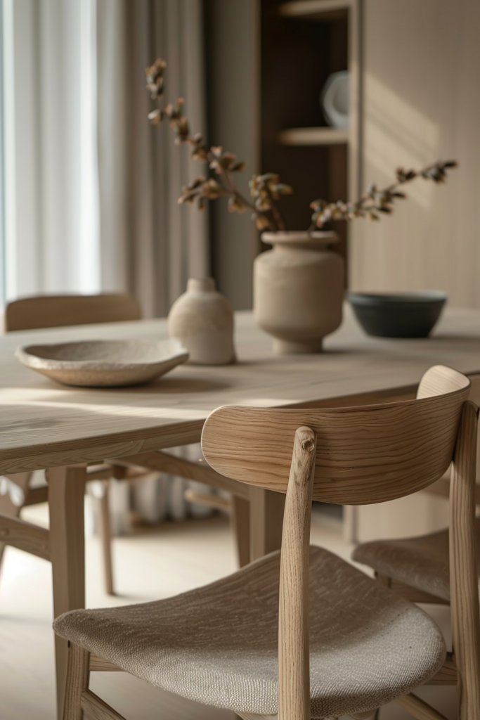 ALT text: "A minimalist dining room with a wooden table set, a textured fabric chair in the foreground, and elegant pottery decor."