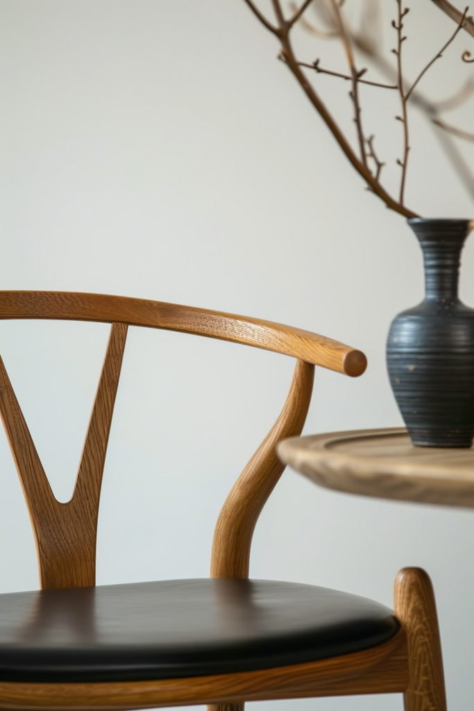 A modern wooden chair with a black seat alongside a vase with decorative branches on a neutral background.