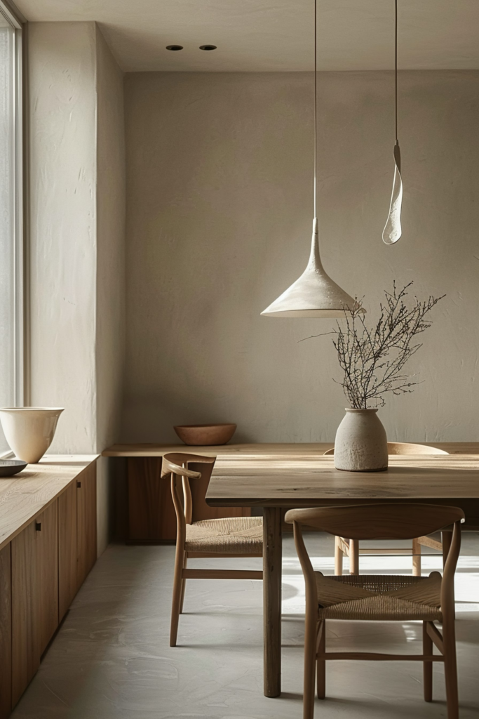 Modern minimalist dining room with wooden table and chairs, elegant pendant lights, and a vase with dried branches.