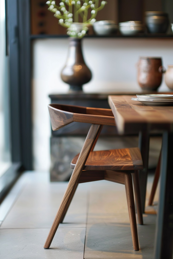 A close-up of a modern wooden chair in a room with soft focus on a vase and bowls in the background.